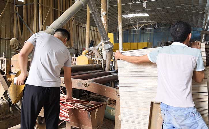 嘉龙木胶板生产裁边机工作中